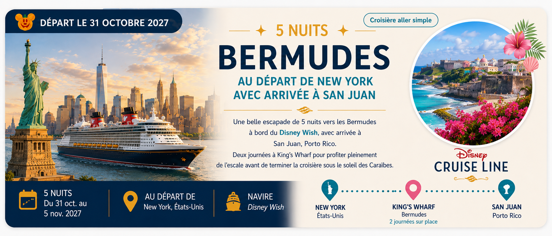 Croisières Disney New York – 5 nuits Bermudes vers San Juan – 31 octobre 2027