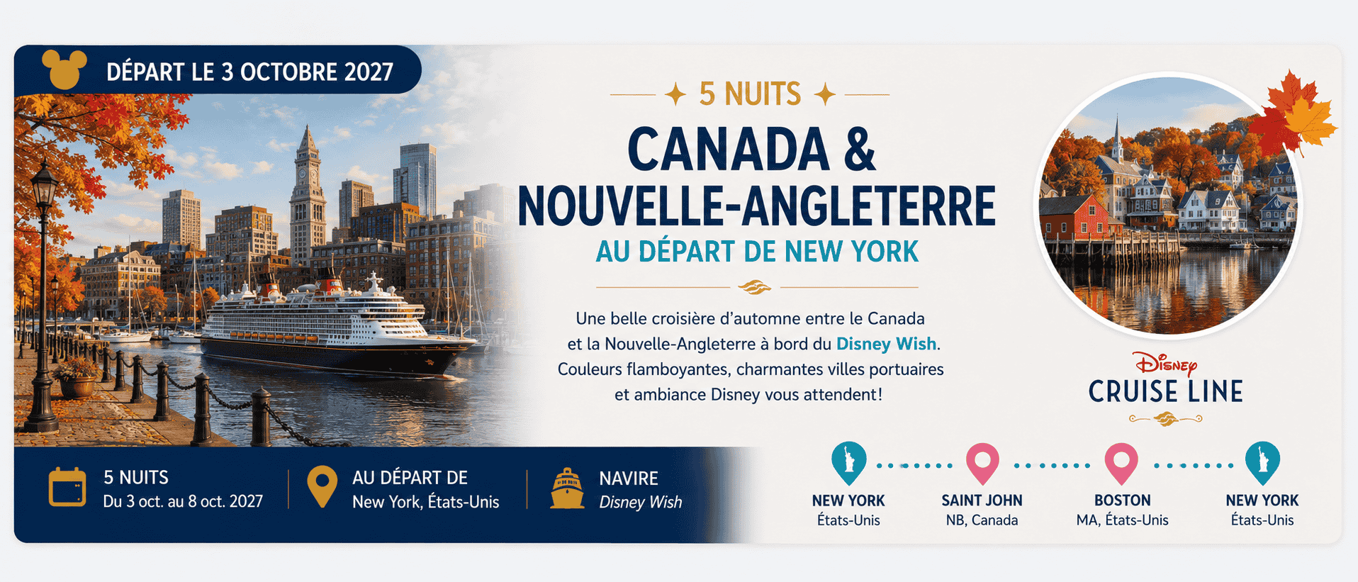 Disney Wish – 5 nuits Canada et Nouvelle-Angleterre – 3 octobre 2027
